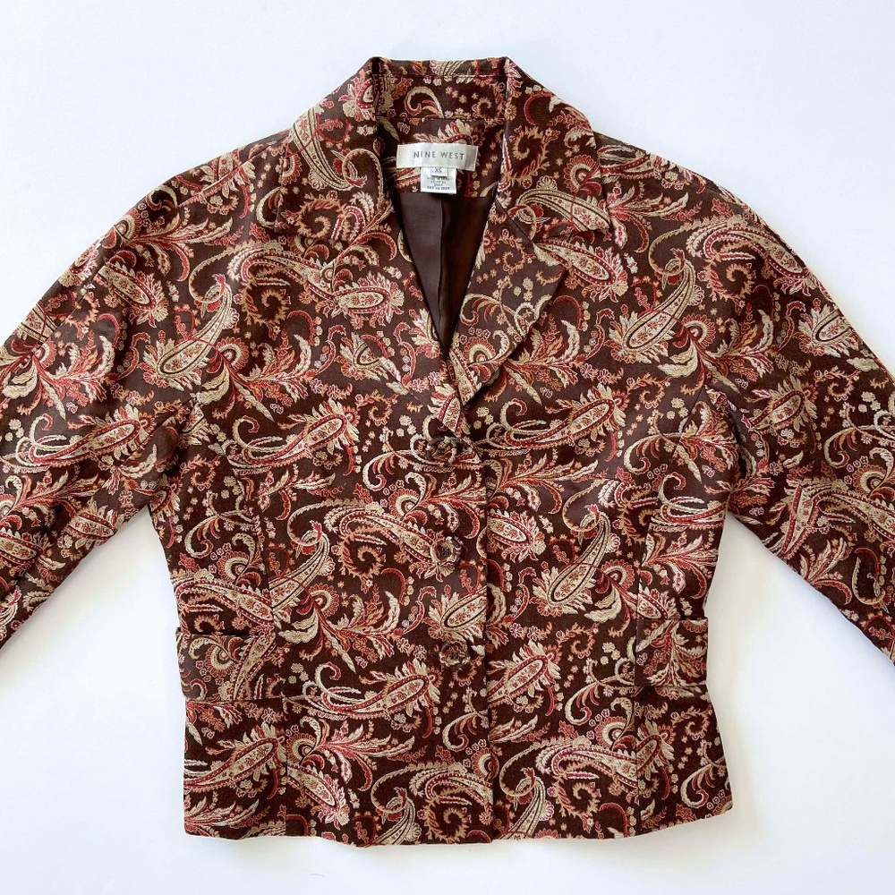 NWT NINE WEST SILK PAISLEY BLAZER BUTTON JACKET CROP SLEEVE ABSTRACT UNIQUE